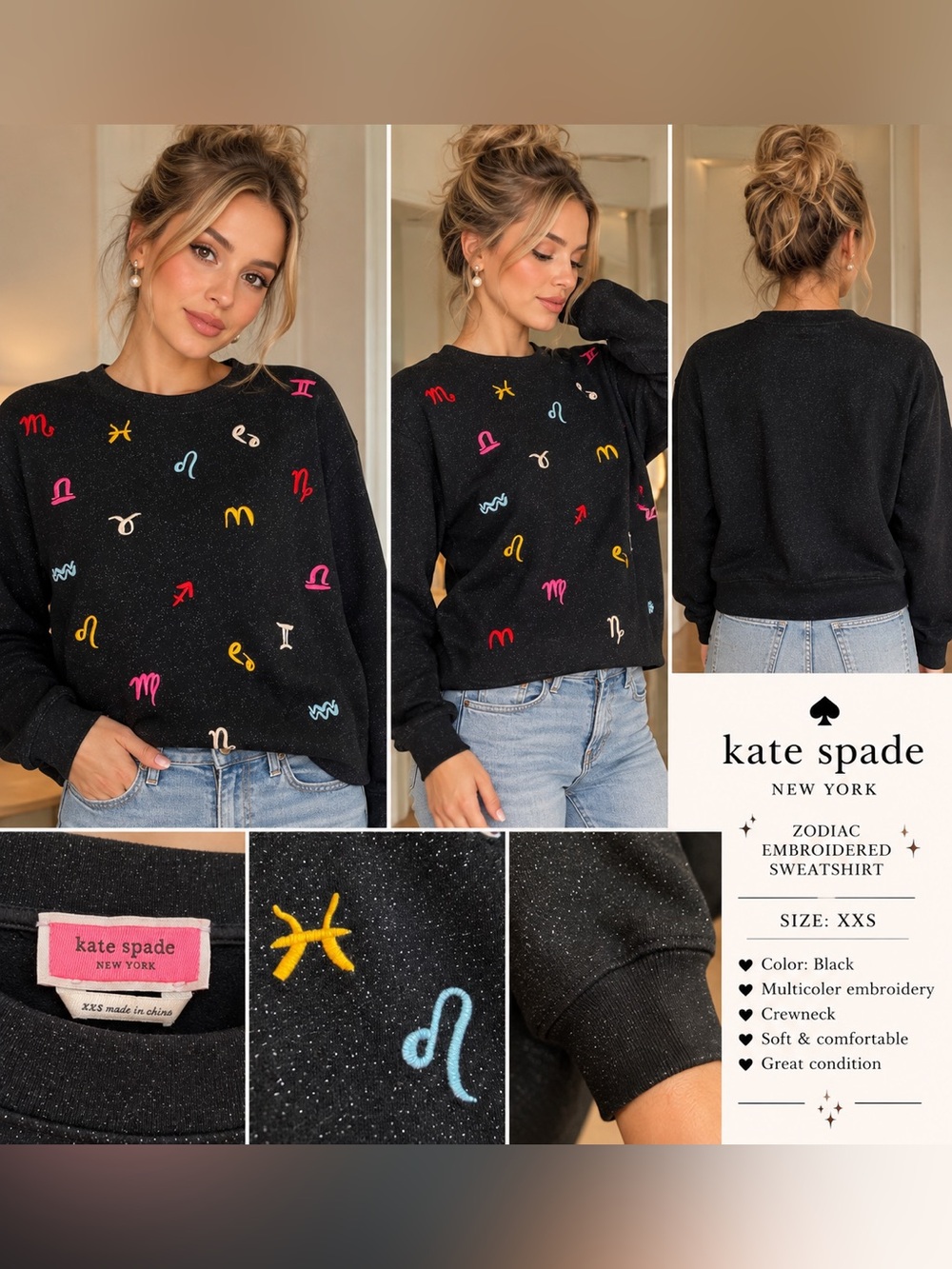 kate spade Black Sparkle Crewneck Sweater with Multicolor Zodiac Embroidery